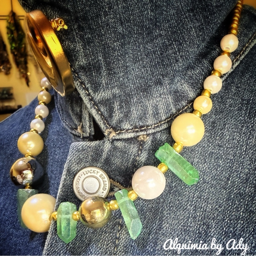 Bold grandma approved Pearl and Green raw quartz Gemstone Necklace
